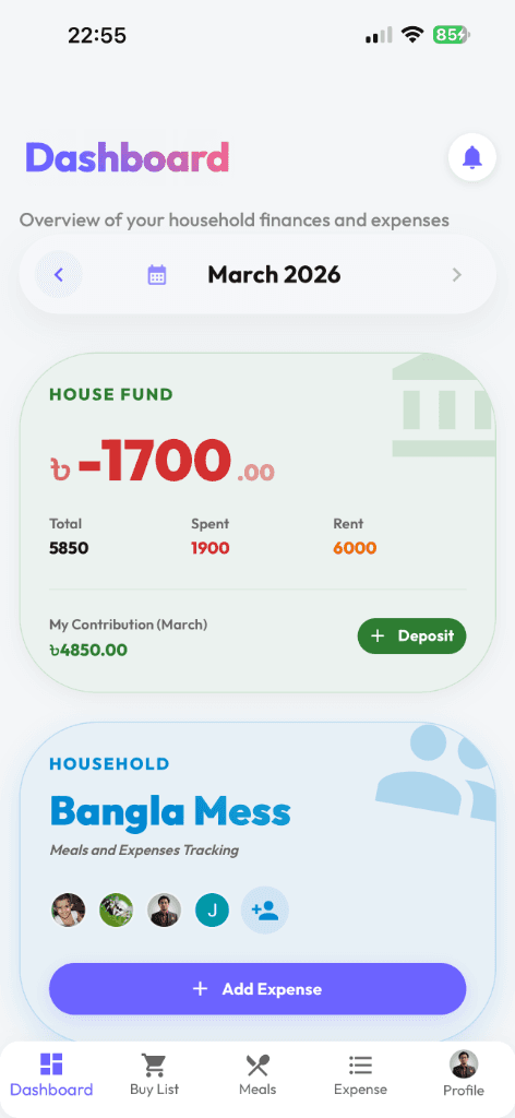 OurTab App Dashboard Mockup showing household expenses and meal system