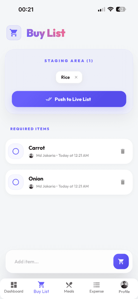 Buy List screen showing grocery items to be purchased