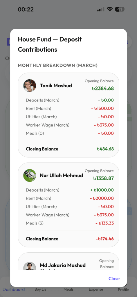 Fund Deposit Breakdown screen showing pending and approved deposits