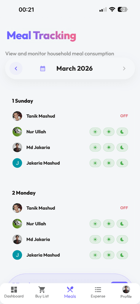 Meal Tracking screen showing active meals and member status