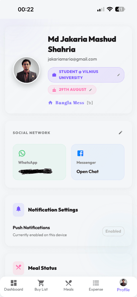 User Profile screen with house settings and invites